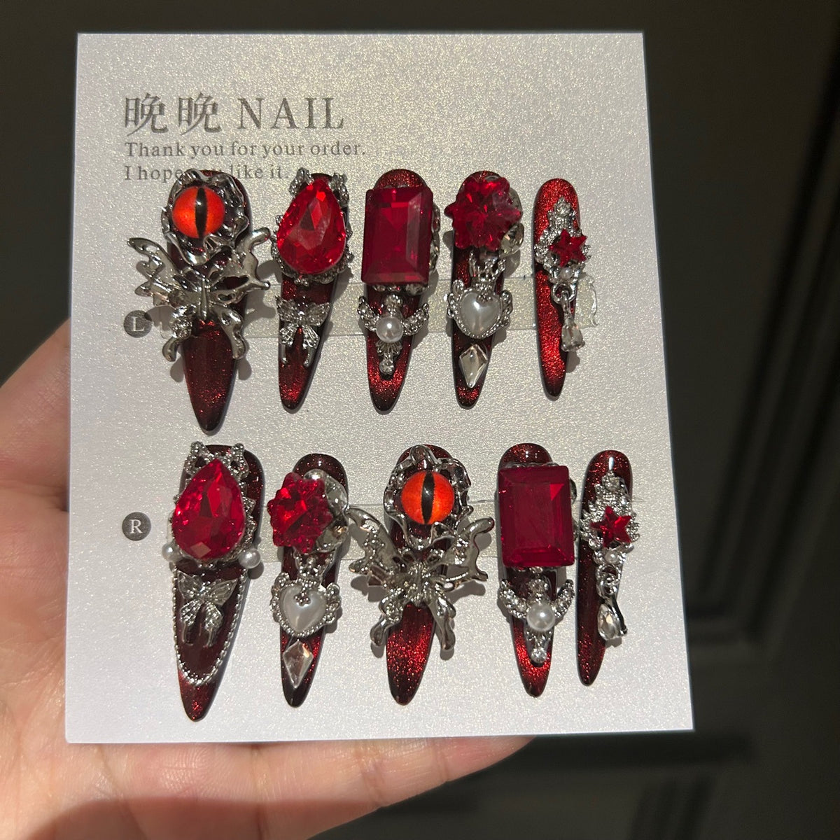 Handmade Red Demon Eye Long Stiletto Press On Nails, Red Gem Butterfly False Nails with Pearls & Chains