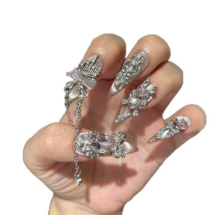 Handmade Nude Pink Cat Eye Press On Nails, Long Stiletto Fantasy Princess False Nails with Giant Pink Heart Rhinestones, Silver Castle Charms, Rhinestone Bows, Pearls & Dangling Silver Chains, Reusable Fake Nails for Wedding, Party & Cosplay