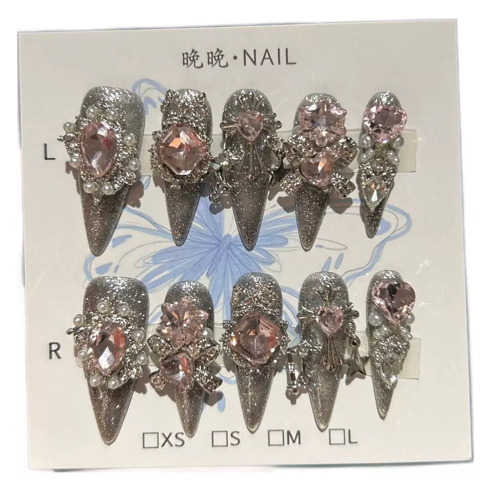 Handmade Silver Cat Eye Long Stiletto Press On Nails with Pink Heart Crystals, Rhinestone Bows & Pearl Charms