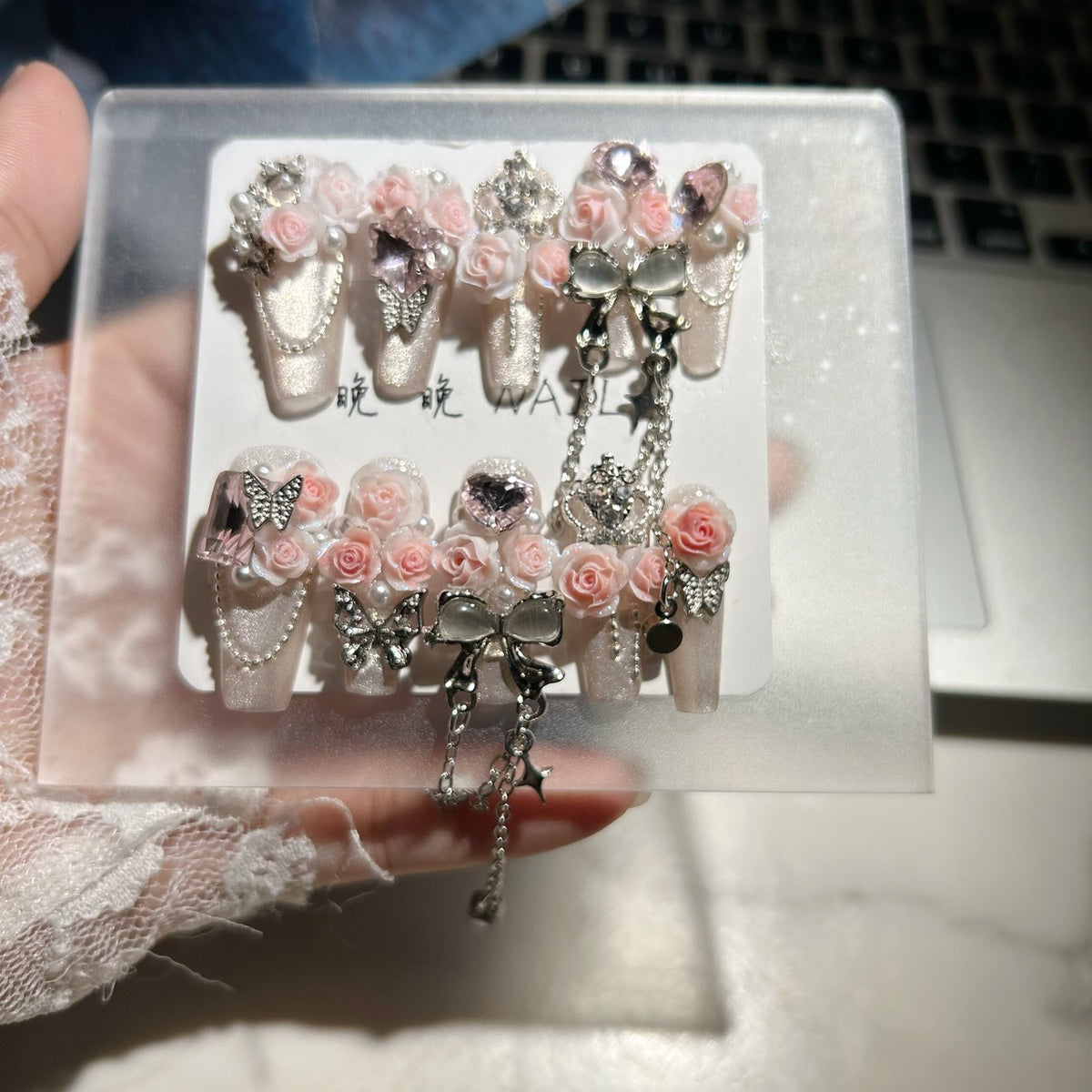 Handmade Sheer Pink Glitter Long Stiletto Press On Nails with 3D Pink Roses, Crown, Pink Heart Crystals & Silver Chain Tassels