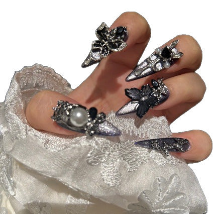 Grey-Purple Cat Eye Stiletto Press-on Nails with 3D Butterfly, Pearl, and Chain Charms - Luxury Gothic Fake Nail Set