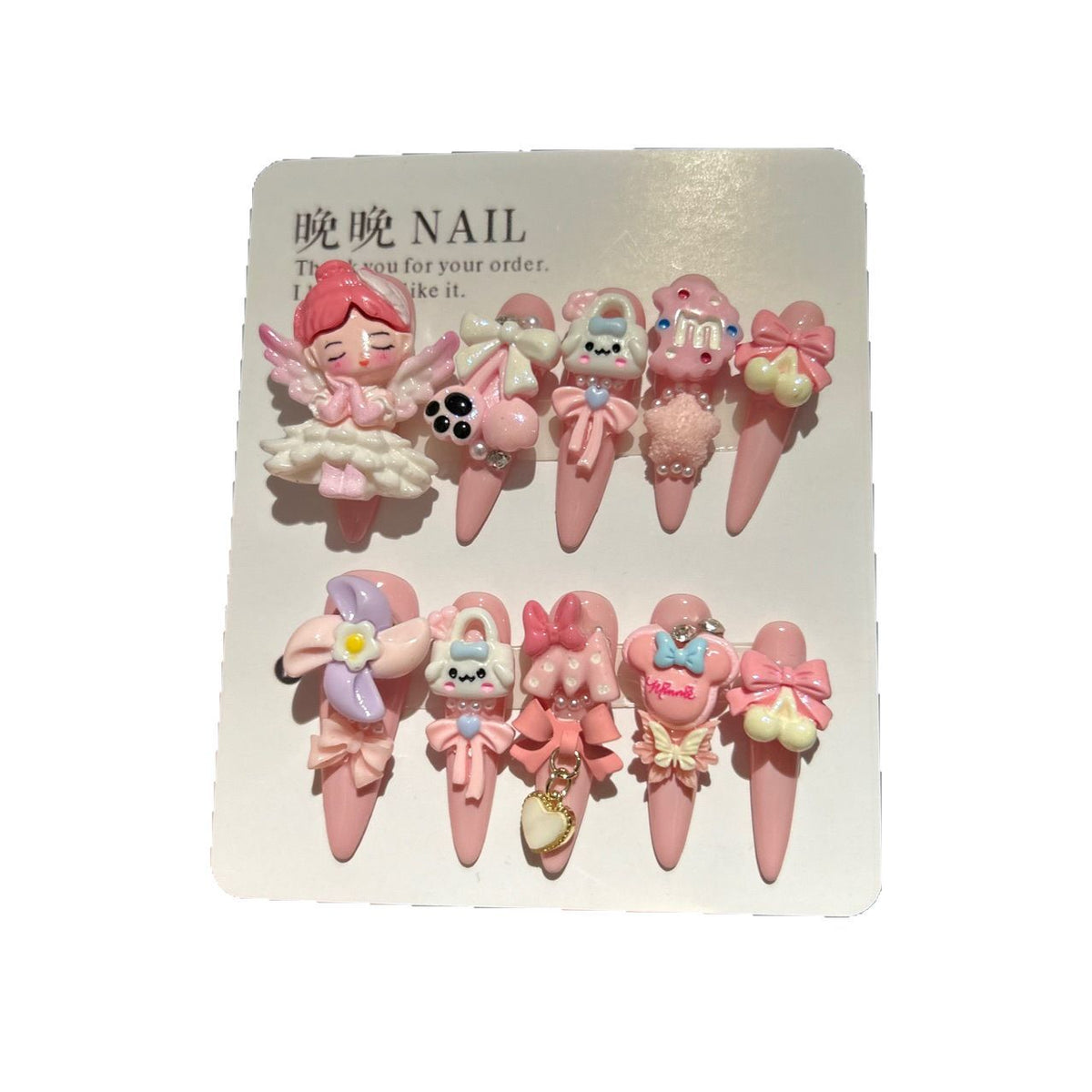 Handmade Baby Pink Long Stiletto Press On Nails with 3D Angel Doll, Cute Cartoon Charms, Bows & Heart Chain Tassels