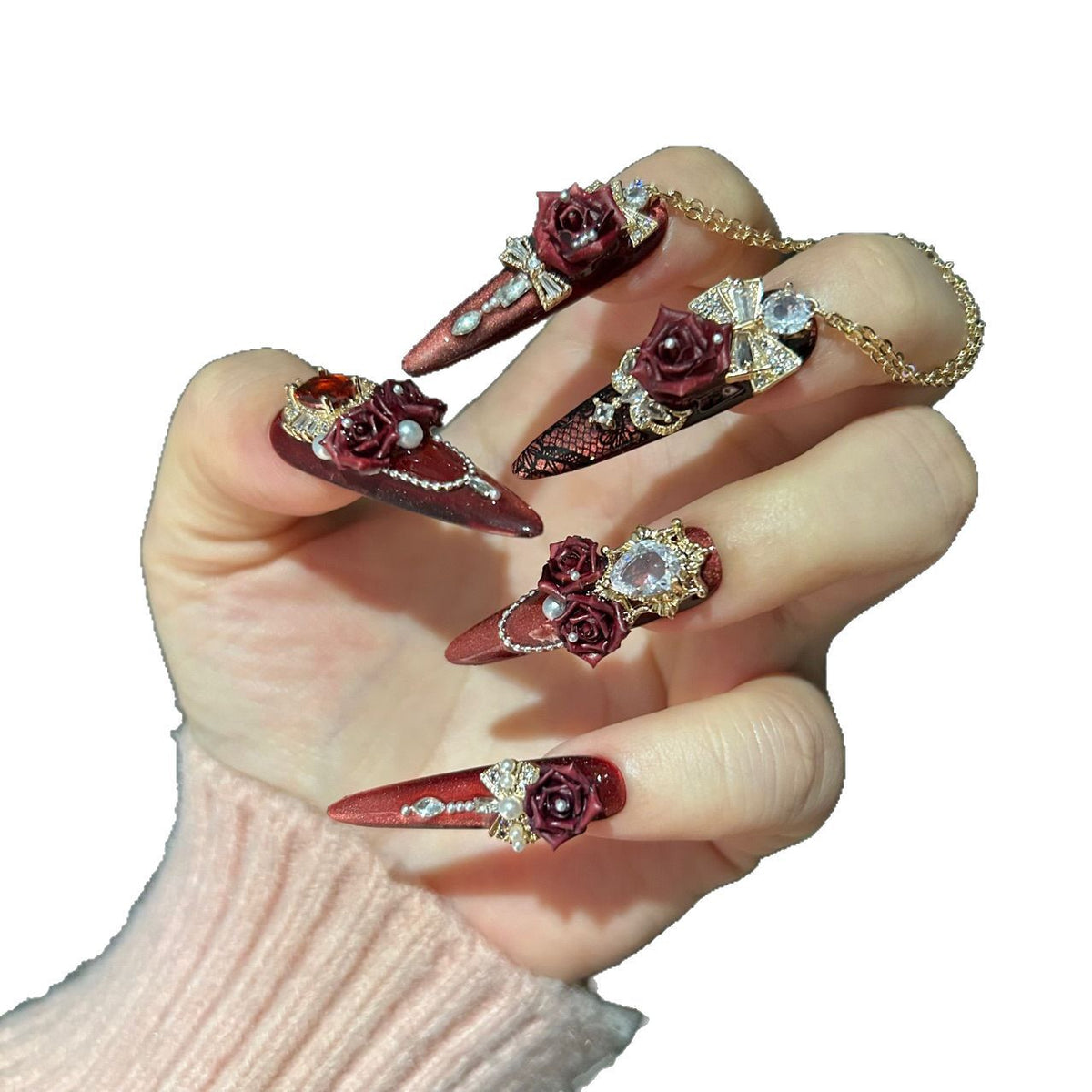 Handcrafted Designer Burgundy Press-on Nails - Metallic Cat Eye Base with Heavy 3D Floral, Rhinestones and Interconnected Chains
