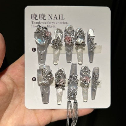 Handmade Iridescent Silver Rose Long Coffin Press On Nails with Butterfly Charms & Dangling Chains
