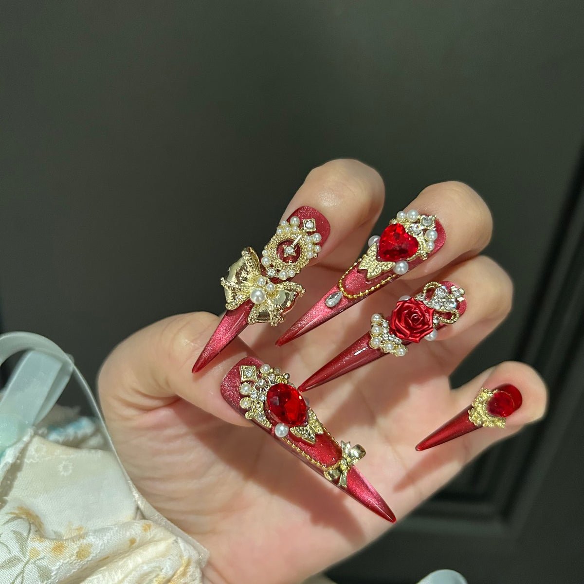 Handmade Red Metallic Long Stiletto Press On Nails with Red Heart Crystals, Gold Frame & 3D Red Rose Charms