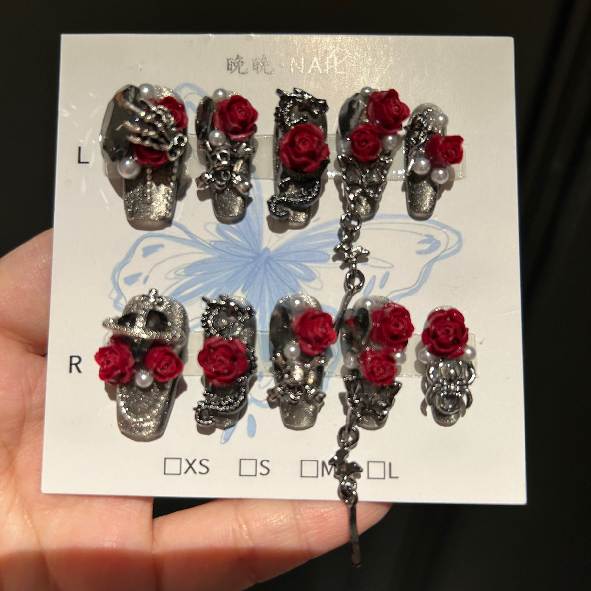 Handmade Metallic Silver Gothic Long Coffin Press On Nails with 3D Red Roses, Skeleton Hand & Dragon Metal Charms, Pearls & Dangling Chains