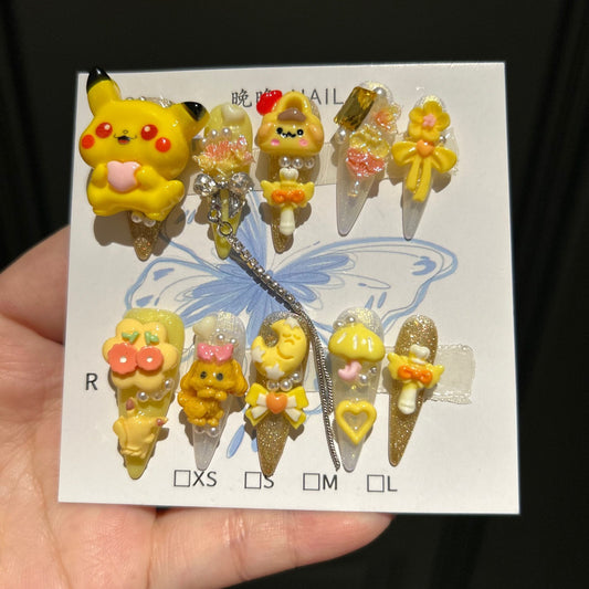 Handcrafted Designer Cartoon Press-on Nails - Shimmering Cat Eye Base with Heavy 3D Pikachu, Puppies and Cute Accessories