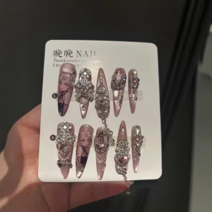 Handmade Pink Anime Portrait Long Stiletto Press On Nails, Pink Crystal False Nails with Silver Bow, Pearls & Dangling Chains