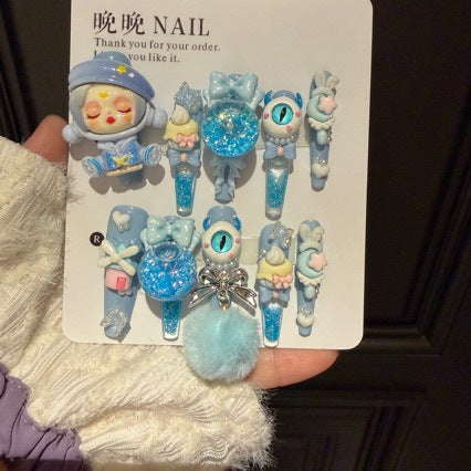 Handmade Kawaii Blue 3D Doll Press On Nails, Long Stiletto Pop Mart Inspired False Nails, Glitter Bow Pom Pom Reusable Fake Nails For Cosplay Party
