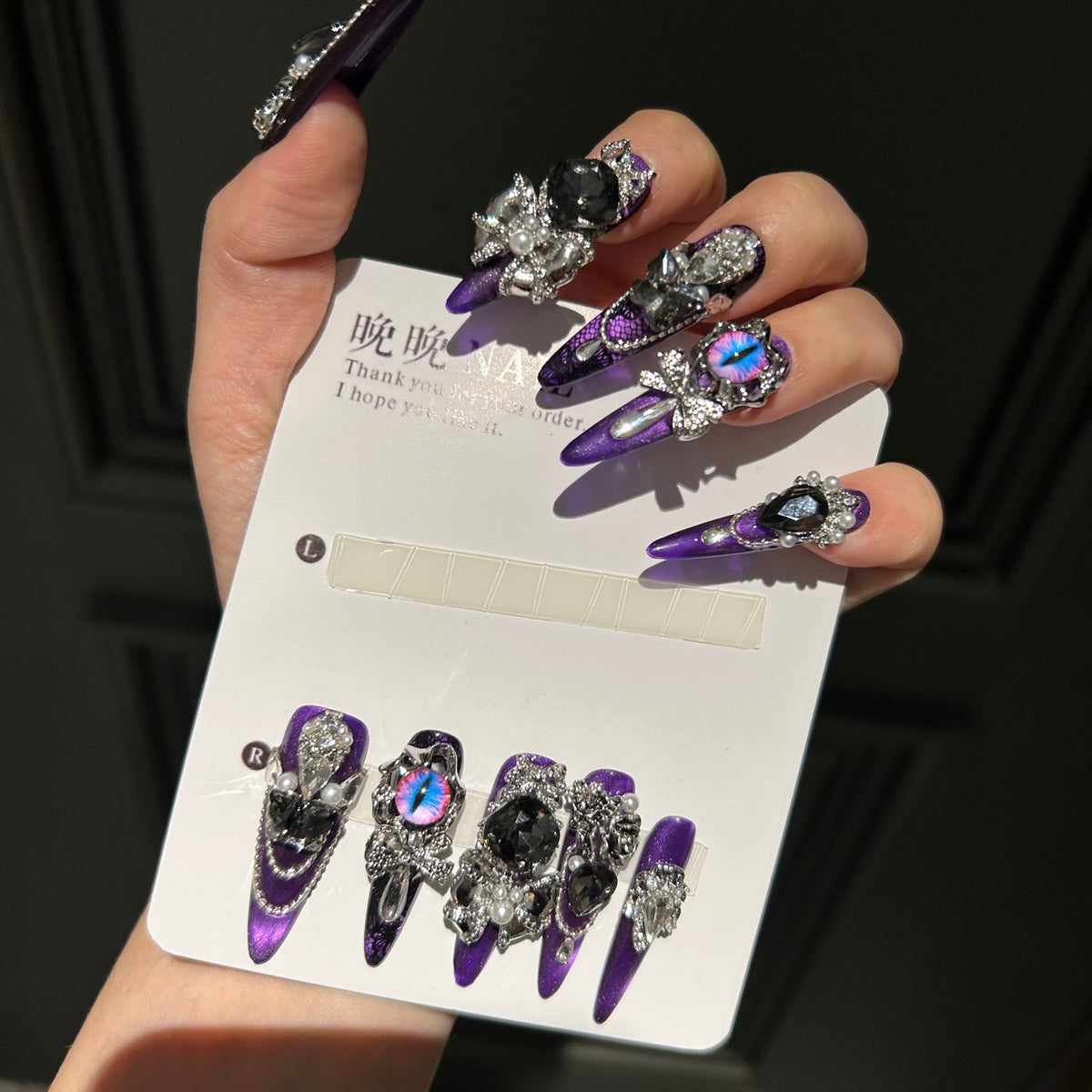Handmade Purple Cat Eye Long Stiletto Press On Nails with Demon Eye, Black Rose & Giant Crystal Charms