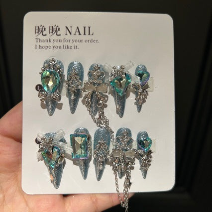Ice Blue Cat Eye Stiletto Press-on Nails with 3D Blue Crystal Gem, Pearls, Bowknot, and Hanging Chain Charms - Luxury Statement Fake Nail Set