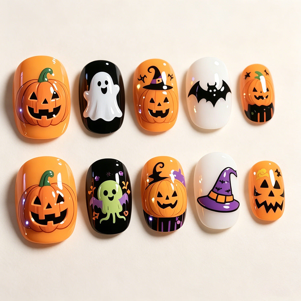 New Halloween fake nail patch soft cute ghost pumpkin lamp bat skull manicure wear armor