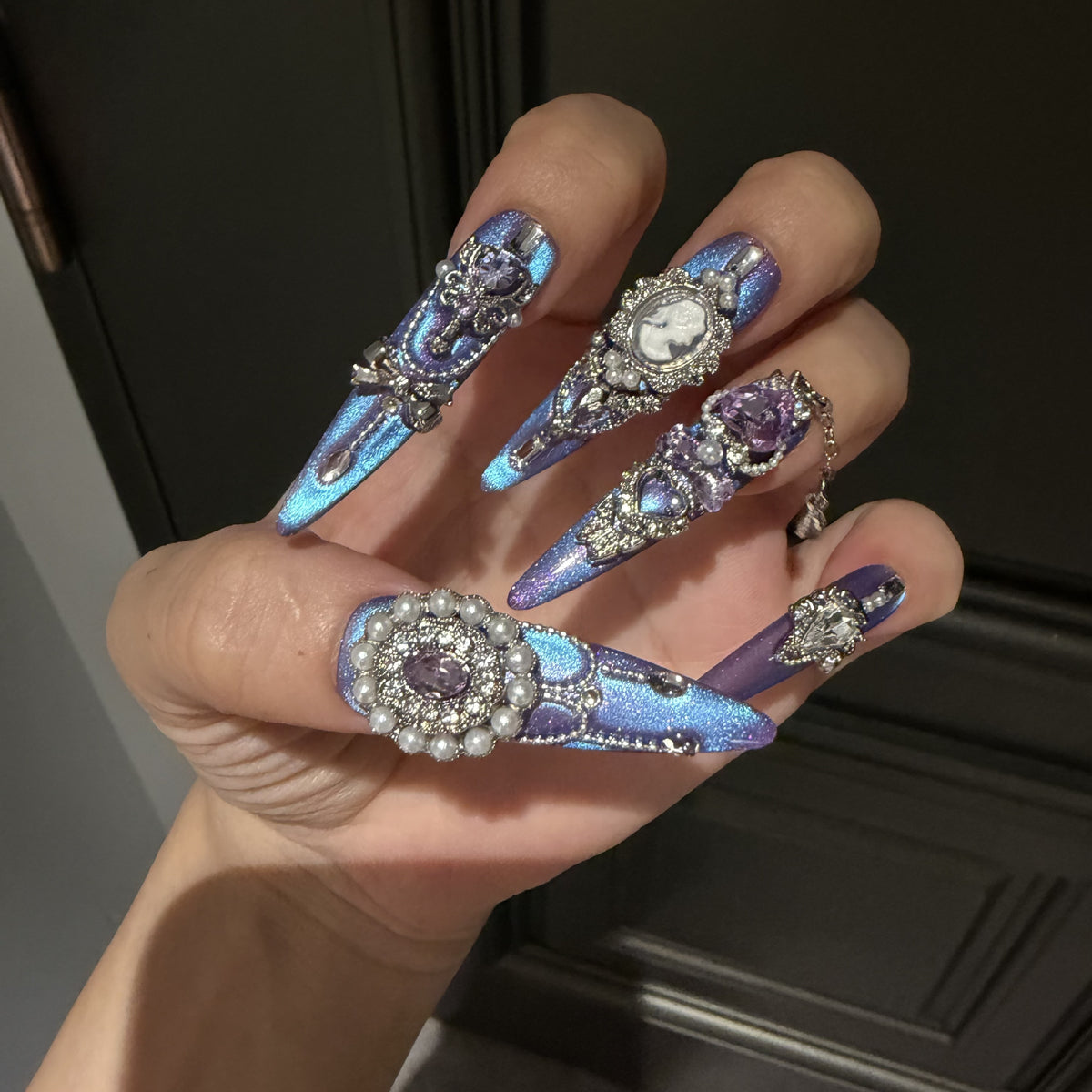 Handmade Blue Purple Cat Eye Long Stiletto Press On Nails with Purple Heart Crystals, Cameo Portrait & Dangling Chain Charms