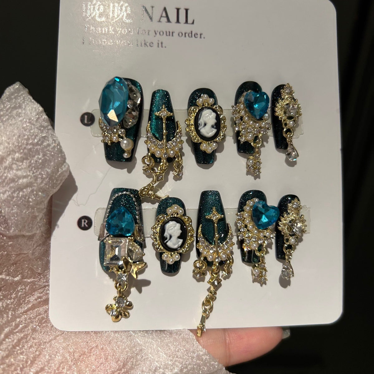 Handmade Dark Teal Glitter Long Coffin Press On Nails with Vintage Cameo Portrait, Large Aqua Blue Crystals, Gold Metal Charms & Dangling Chain Tassels