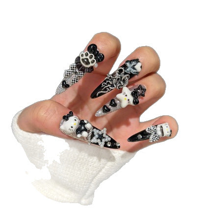Handmade Gothic Hello Kitty Press On Nails, Long Stiletto 3D Charm False Nails, Black Silver Glitter Y2K Plaid Bow Reusable Nail for Party Cosplay