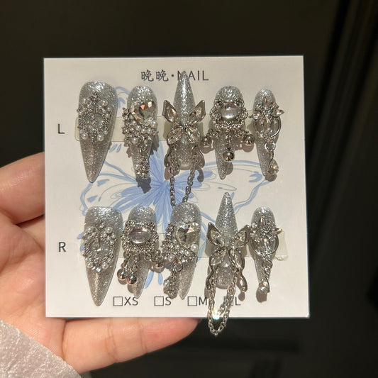Handcrafted Designer Silver Press-on Nails - Shimmering Cat Eye Base with Heavy 3D Crystals, Pearls and Interconnected Chains