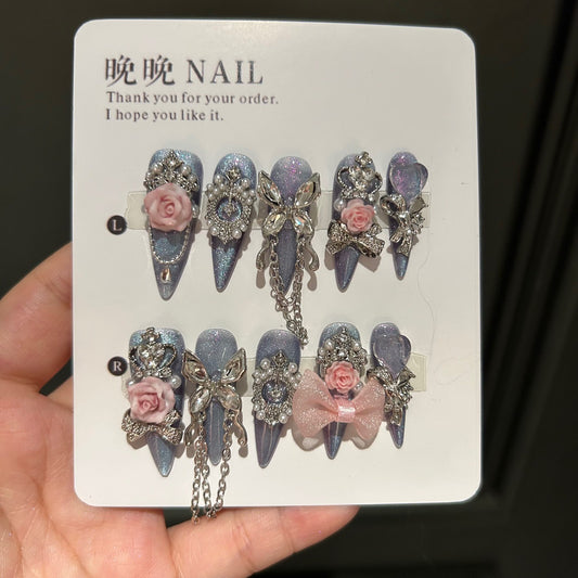 Handmade Smoky Grey Press On Nails | Luxury Dark Cat Eye & 3D Butterfly Reusable Fake Nails, Heavy Industry Rhinestone Nail Art
