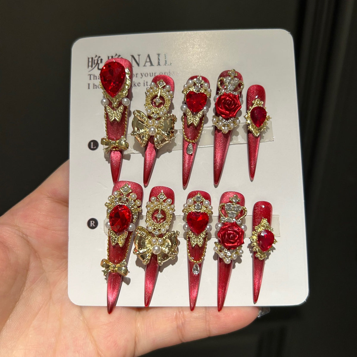 Handmade Red Metallic Long Stiletto Press On Nails with Red Heart Crystals, Gold Frame & 3D Red Rose Charms