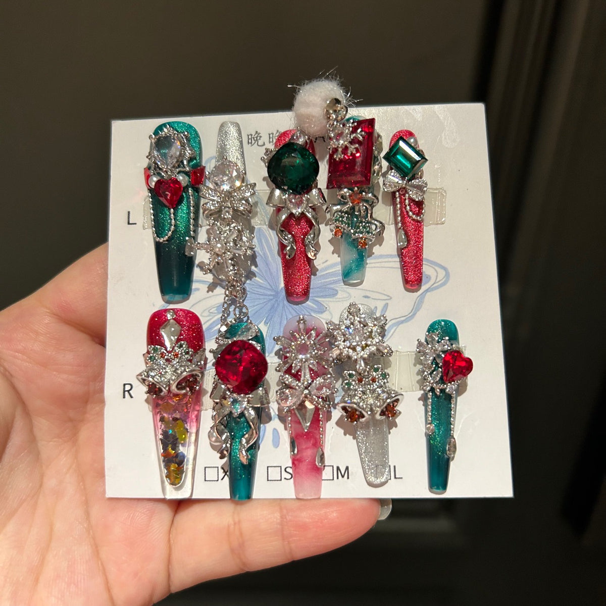 Red and Green Christmas Coffin Press-on Nails with 3D Ruby, Emerald Gem, Snowflake, and Hanging Chain Charms - Holiday Glam Fake Nail Set