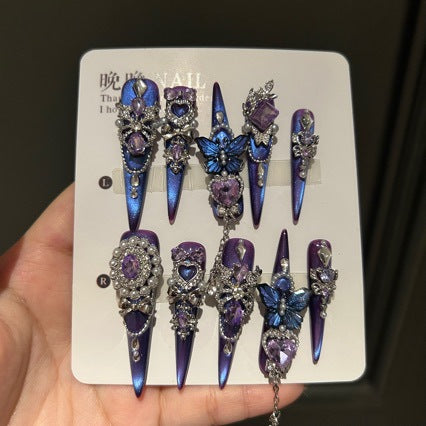 Handmade Purple Blue Chrome Long Stiletto Press On Nails with Large Purple Heart Crystals, Blue Butterfly Charms, Pearls & Dangling Silver Chains