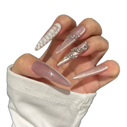 Handmade Nude Pink Cat Eye Press On Nails | Luxury Heavy Industry Snake Skin & Rhinestone Reusable Fake Nails, Edgy Nail Art