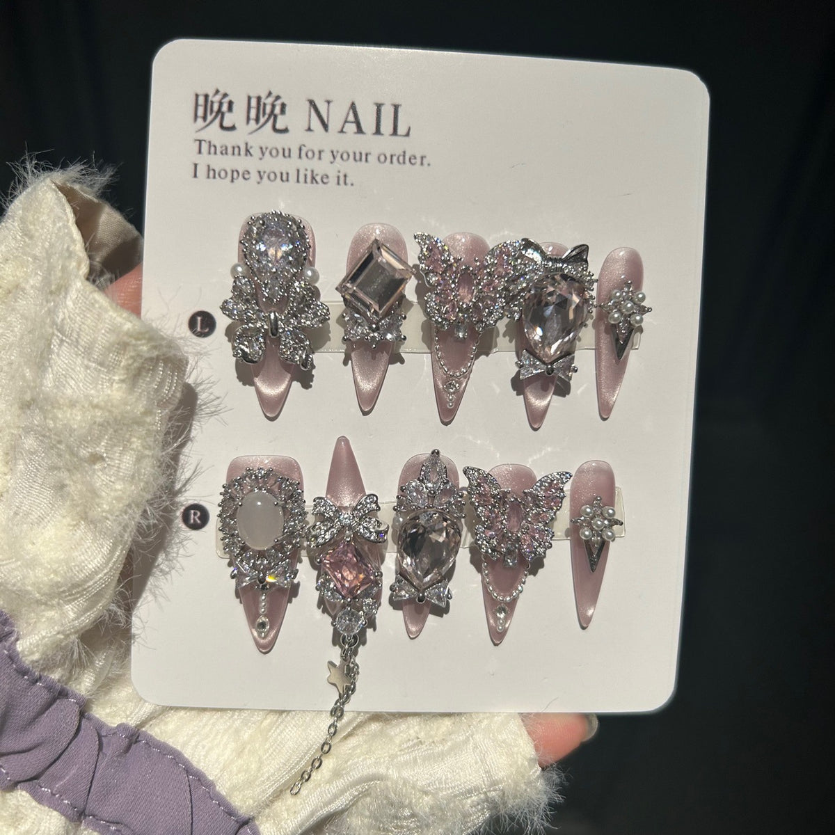Pink Cat Eye Stiletto Press-on Nails with 3D Butterfly, Crystal Jewels, and Hanging Chain Charms - Luxury Fairy Fake Nail Set