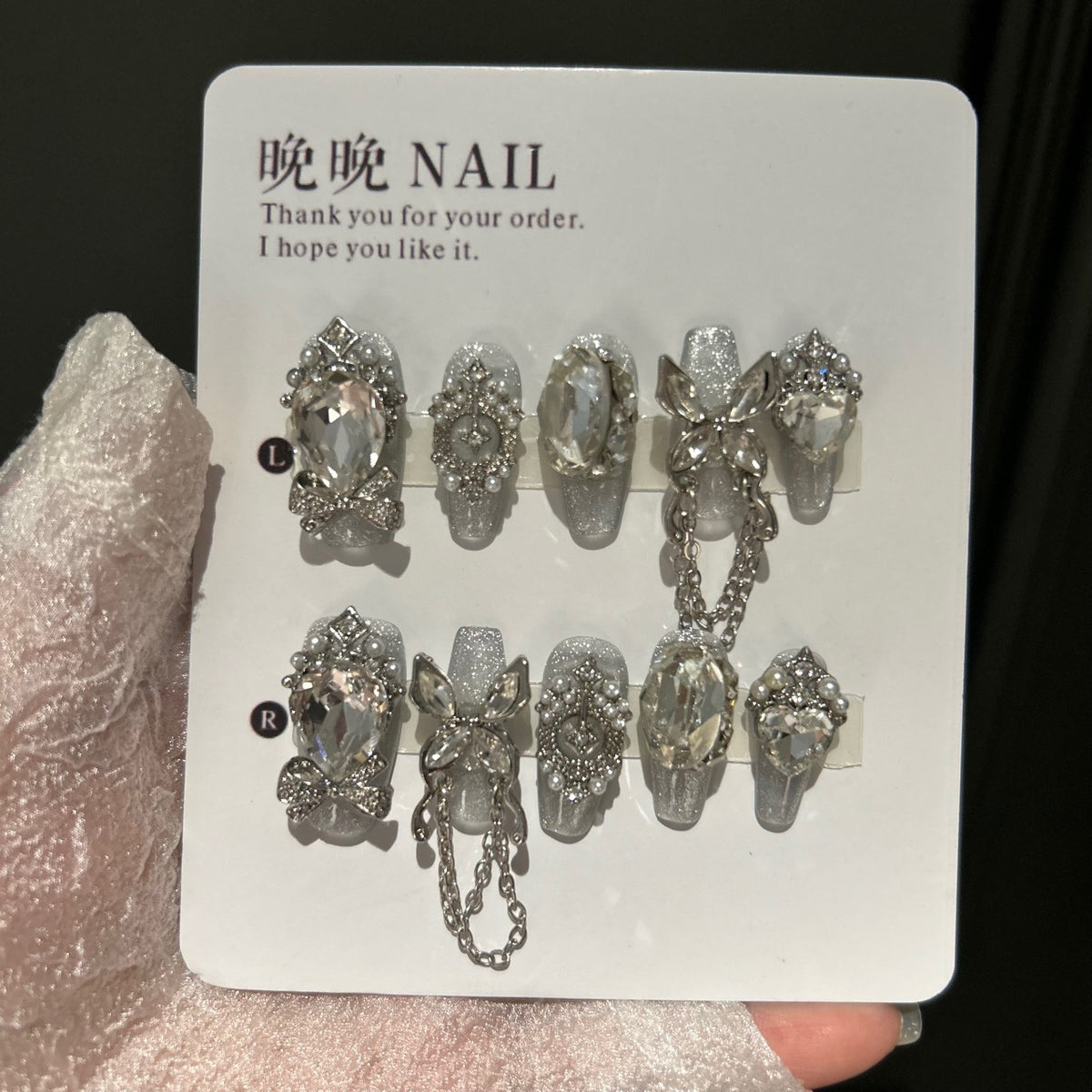 Handmade Silver Glitter Long Coffin Press On Nails with Giant Crystals, Rhinestone Bows & Dangling Chain Charms